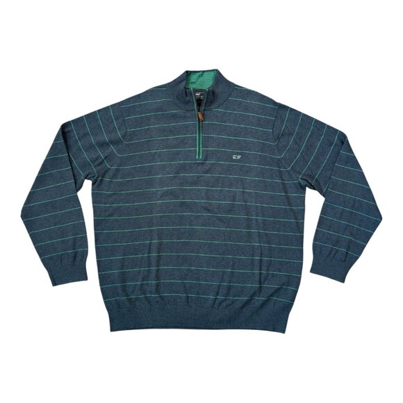 Vineyard Vines Other - Vineyard Vines Blue Green Striped 1/4 Zip Cotton Whale Logo Sweater Men's Sz XL